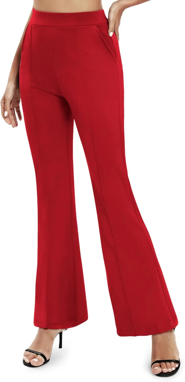 Women's Office Flared Leg Casual Yoga Pants Elastic High Waist Trousers with Pockets