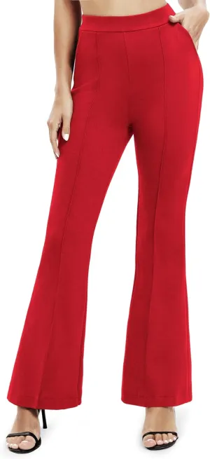 Women's Office Flared Leg Casual Yoga Pants Elastic High Waist Trousers with Pockets