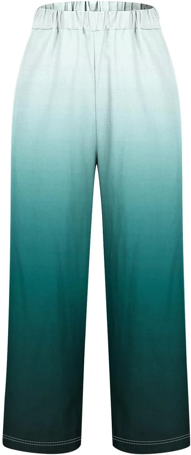 Womens Ombre Color Pants Trendy 2024 Elastic High Waist Straight Leg Pant Loose Casual Summer Aesthetic Beach Trouser