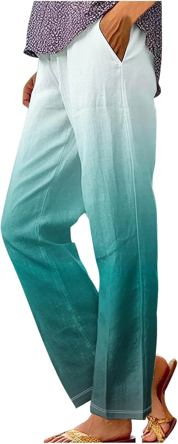 Womens Ombre Color Pants Trendy 2024 Elastic High Waist Straight Leg Pant Loose Casual Summer Aesthetic Beach Trouser