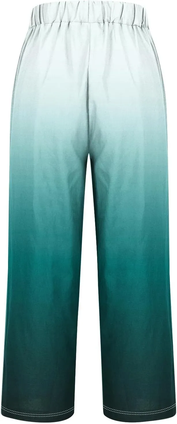 Womens Ombre Color Pants Trendy 2024 Elastic High Waist Straight Leg Pant Loose Casual Summer Aesthetic Beach Trouser