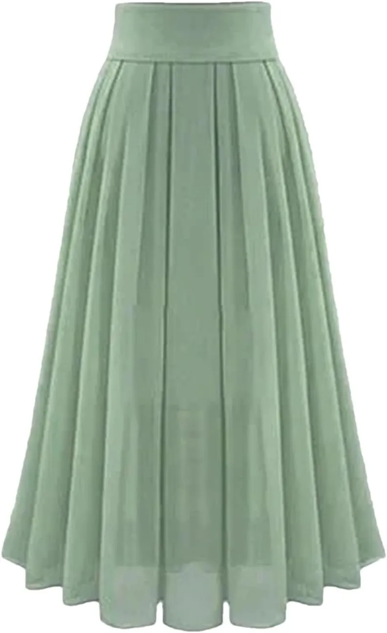 Women's Pleated Skirts Elastic High Waist A-Line Solid Color Slim Fit Casual Midi Swing Skirt