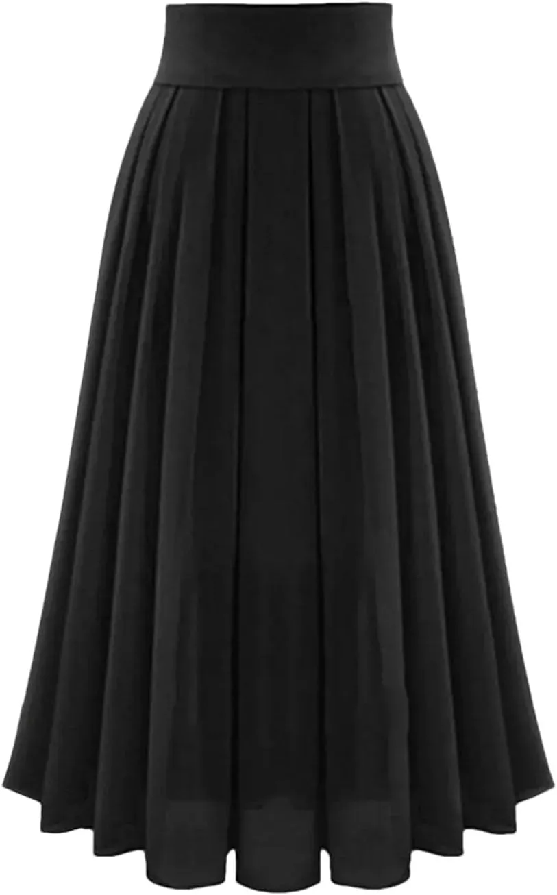 Women's Pleated Skirts Elastic High Waist A-Line Solid Color Slim Fit Casual Midi Swing Skirt
