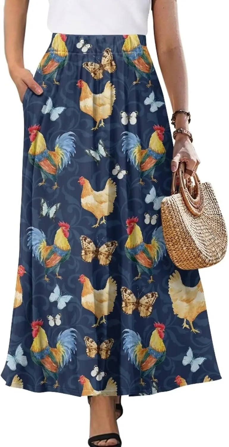 Womens Plus Size Maxi Skirt Casual High Waist Pleated Long Skirts 2024 with Pockets Ankle Length Flowy Swing
