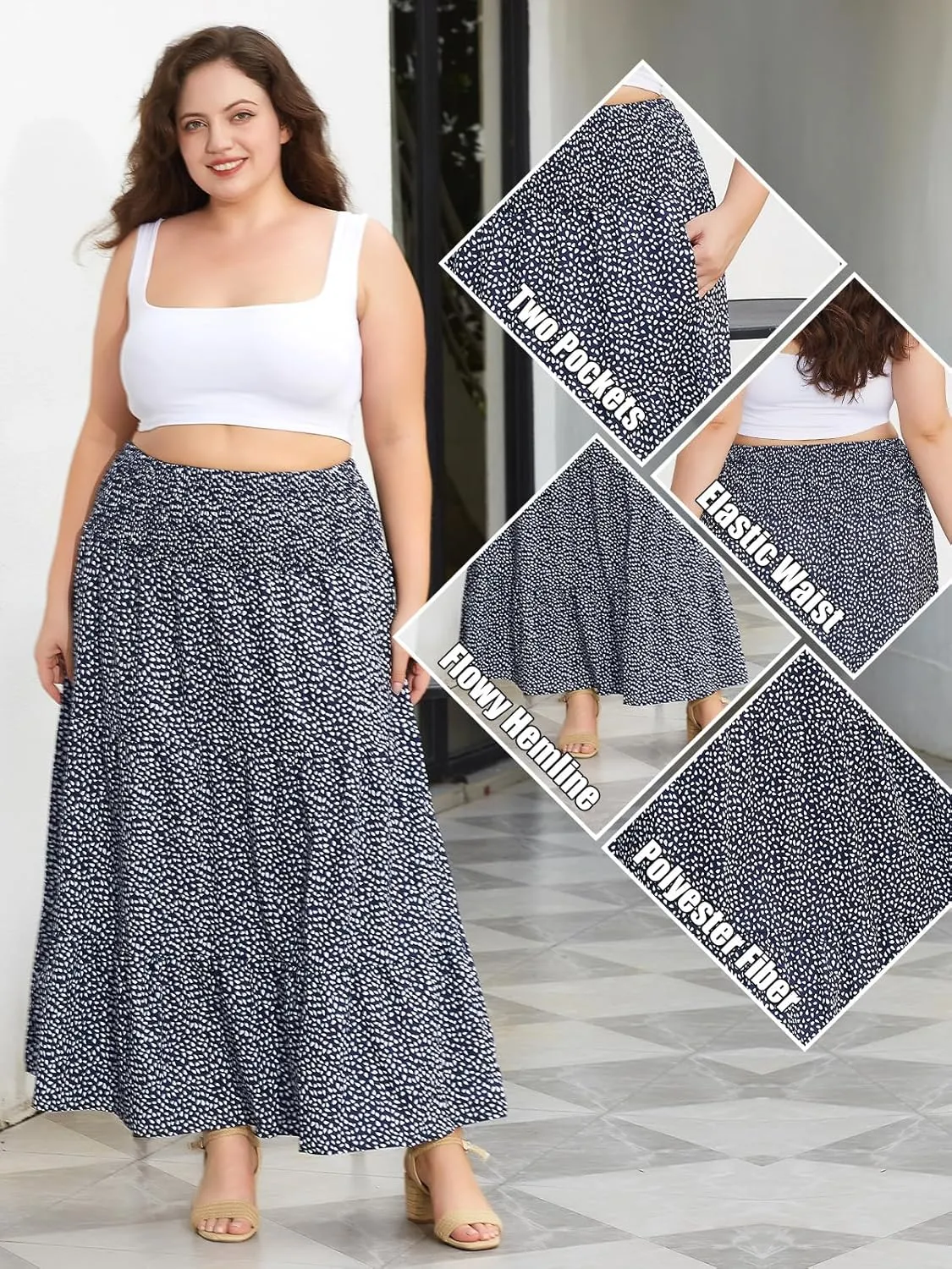 Women's Plus Size Maxi Skirt High Waist Pleated Flowy Floral Long Skirts with Pockets