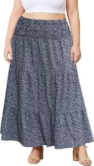 Women's Plus Size Maxi Skirt High Waist Pleated Flowy Floral Long Skirts with Pockets
