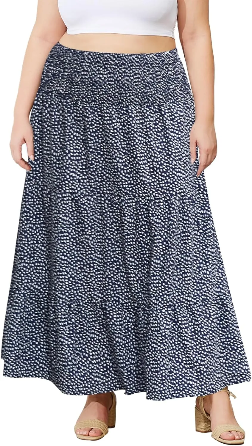 Women's Plus Size Maxi Skirt High Waist Pleated Flowy Floral Long Skirts with Pockets