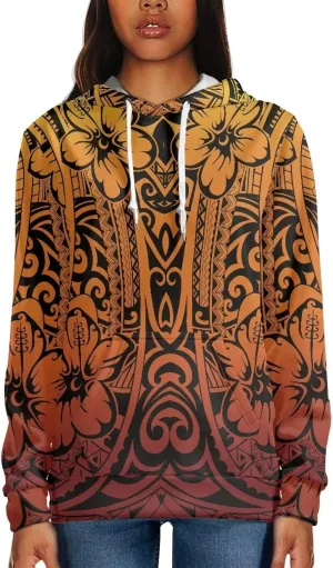 Womens Polynesian Tribal Tattoo Print Hoodies Drawstring Puletasi Tatau Ptaha Pullover Sweatshirt with Pocket
