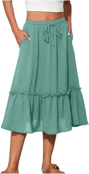 Womens Ruffle Skirts with Pockets, Ladies Summer Casual Beach Skirt Bohemian Mid Calf Length Skirts 2025 Trendy