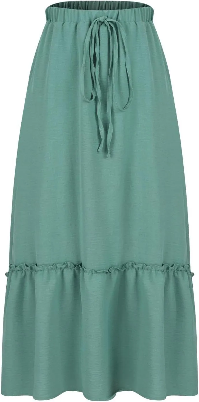 Womens Ruffle Skirts with Pockets, Ladies Summer Casual Beach Skirt Bohemian Mid Calf Length Skirts 2025 Trendy