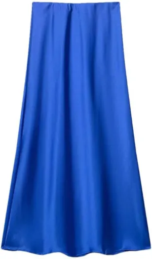 Women's Satin Midi Skirt High Waist with Elastic Waistband Solid Vintage Long Casual Skirts
