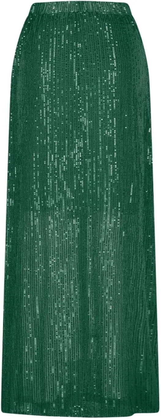 Women's Sequin Skirt for Party Shiny Sparkly A Line Swing Midi Skirt Elastic Wasit Stretch Long Skirts Sparkle Skirt