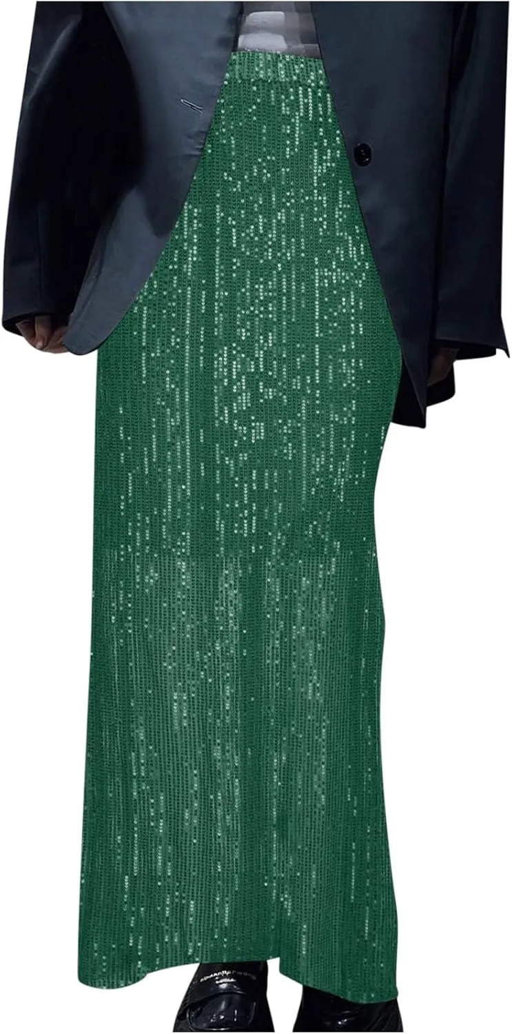 Women's Sequin Skirt for Party Shiny Sparkly A Line Swing Midi Skirt Elastic Wasit Stretch Long Skirts Sparkle Skirt