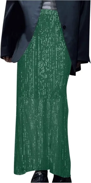 Women's Sequin Skirt for Party Shiny Sparkly A Line Swing Midi Skirt Elastic Wasit Stretch Long Skirts Sparkle Skirt