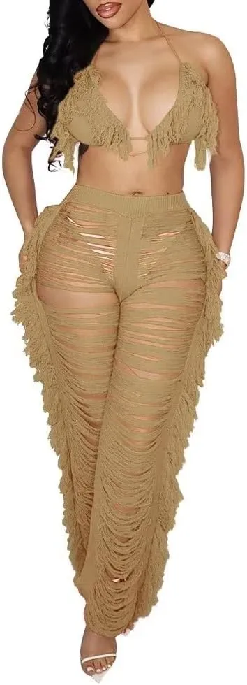 Womens Sexy 2 Piece Outfits Hollow Out Halter Bra top Tassel Long Pants Set Beachwear
