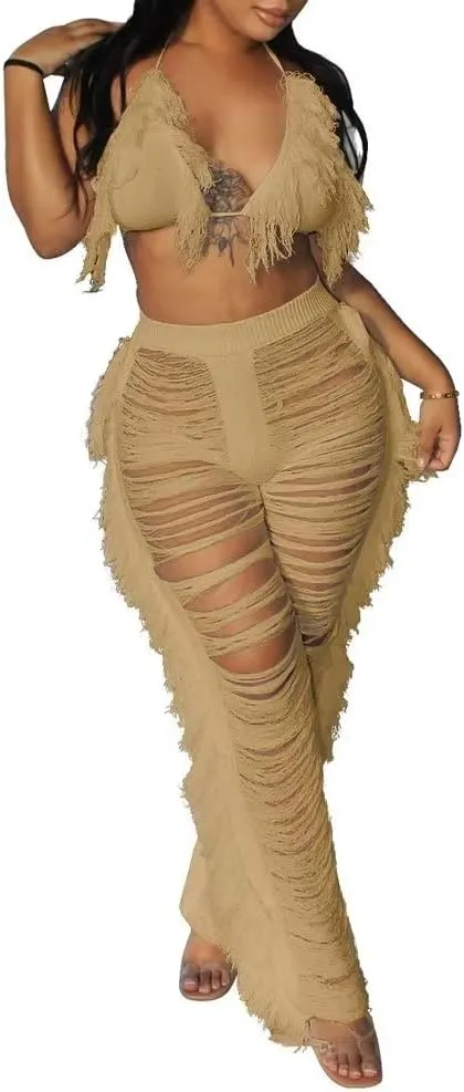 Womens Sexy 2 Piece Outfits Hollow Out Halter Bra top Tassel Long Pants Set Beachwear