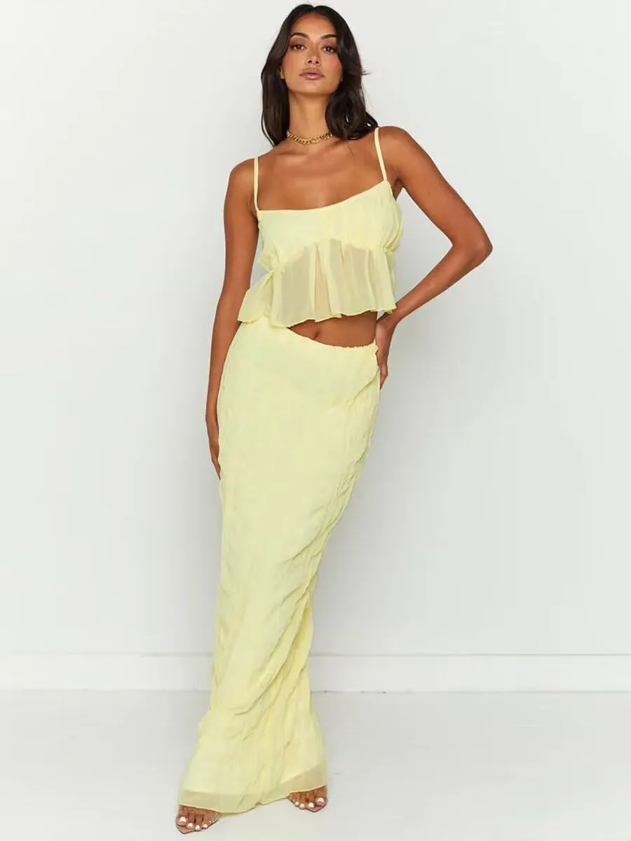 Womens Sexy Ruffle Dress Spaghetti Strap Cami Top Bodycon Long Skirt Club Party Two Piece Skirt Outfits Sets