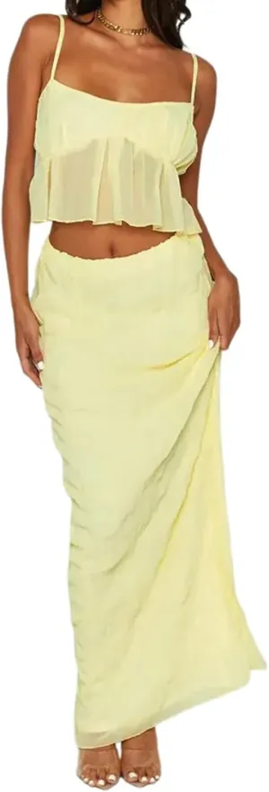 Womens Sexy Ruffle Dress Spaghetti Strap Cami Top Bodycon Long Skirt Club Party Two Piece Skirt Outfits Sets