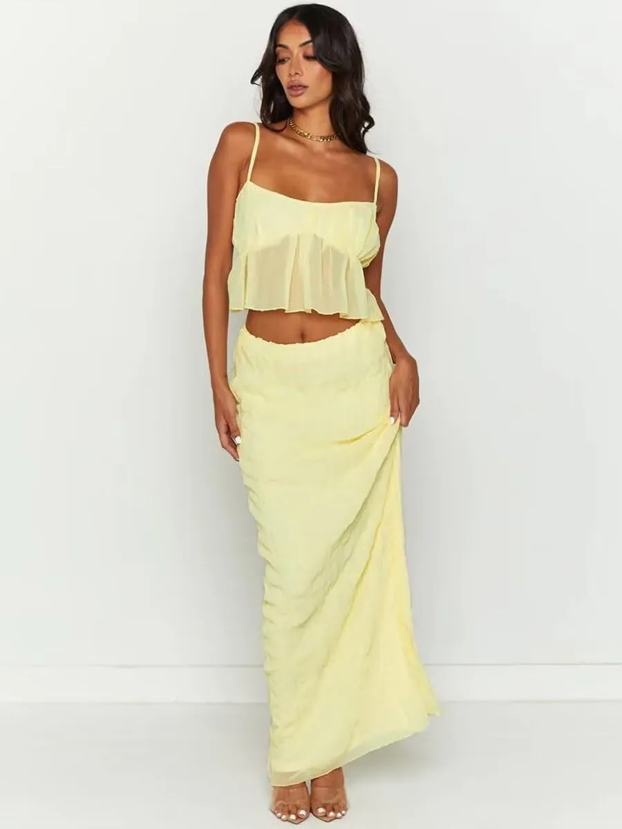 Womens Sexy Ruffle Dress Spaghetti Strap Cami Top Bodycon Long Skirt Club Party Two Piece Skirt Outfits Sets
