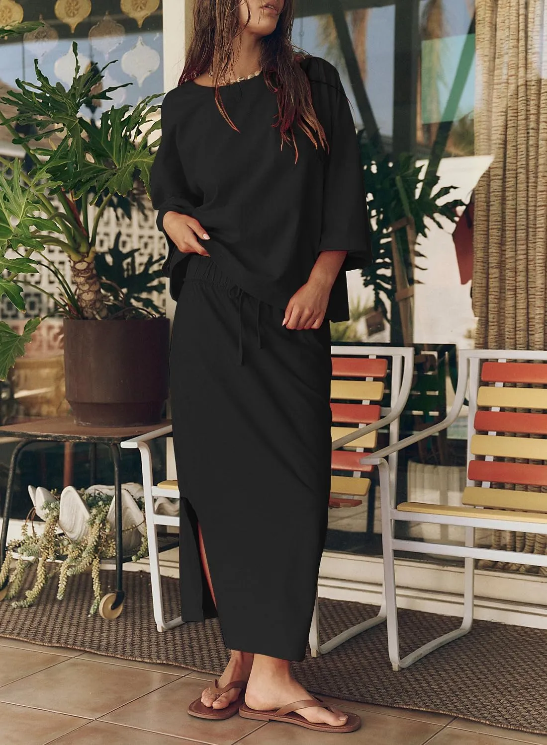 Womens Skirt Set Long Sleeve Crew Neck Casual Oversized Shirt Mid Length Skirt with Pockets Matching Set