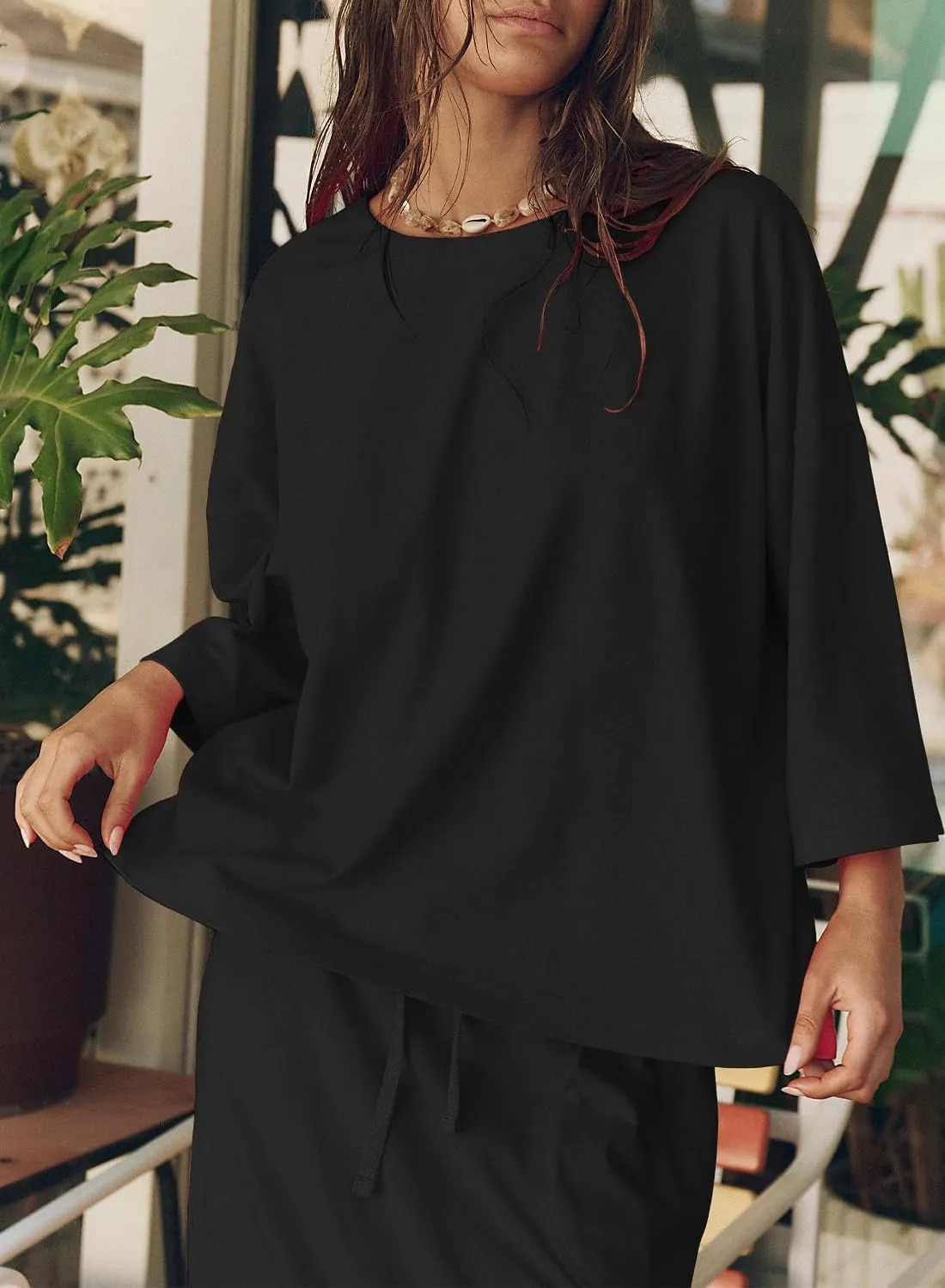 Womens Skirt Set Long Sleeve Crew Neck Casual Oversized Shirt Mid Length Skirt with Pockets Matching Set
