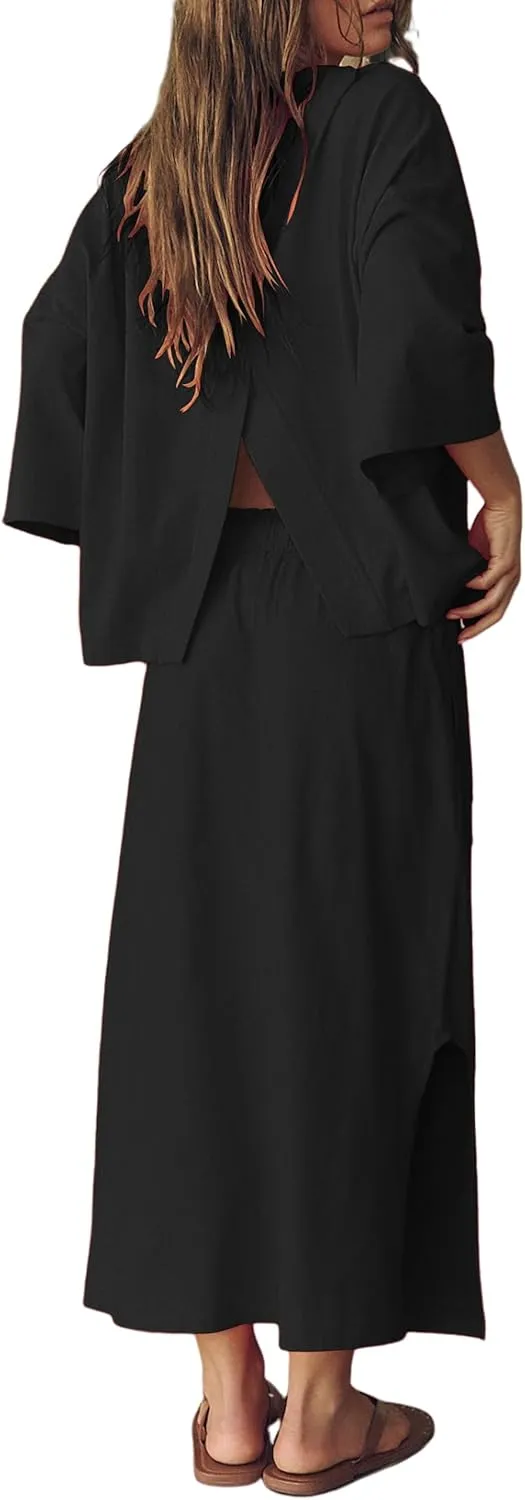 Womens Skirt Set Long Sleeve Crew Neck Casual Oversized Shirt Mid Length Skirt with Pockets Matching Set