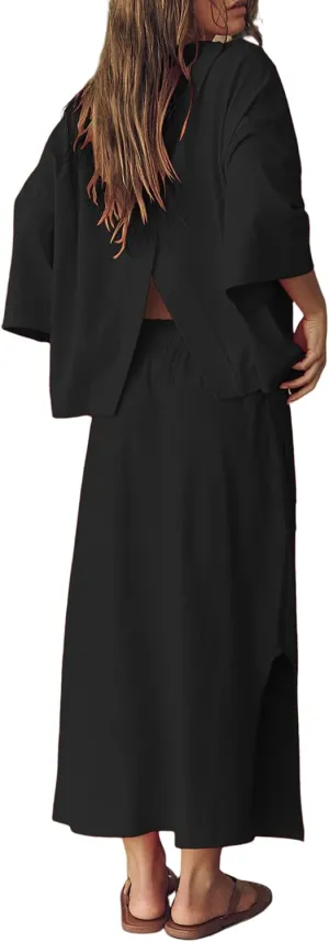 Womens Skirt Set Long Sleeve Crew Neck Casual Oversized Shirt Mid Length Skirt with Pockets Matching Set