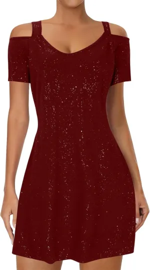 Women's Sparkly Sequin Homecoming Dresses 2025 Summer Sexy Short Sleeve V Neck Cocktail Party Mini Dress Plus Size