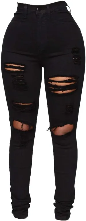 Women's Stretch Denim Pants Plus Size Slim Destroyed Trousers Casual High Waist Skinny Ripped Jeans