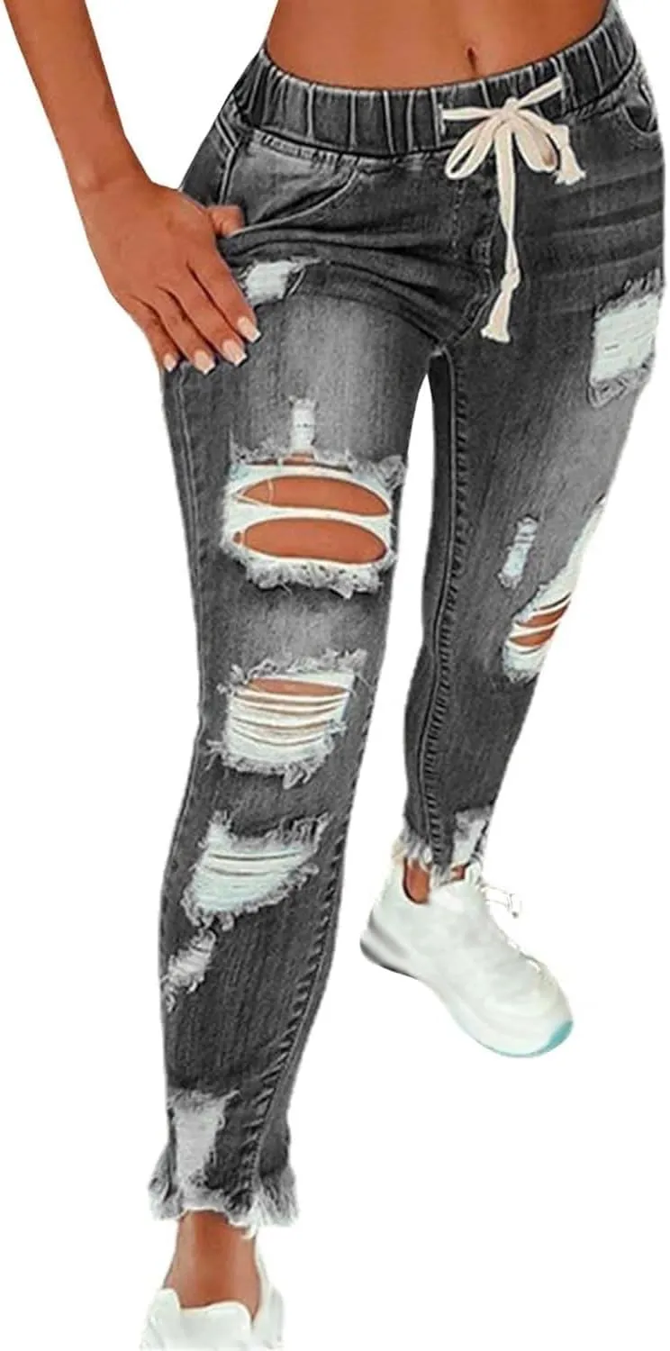 Women's Stretch Denim Pants Plus Size Slim Destroyed Trousers Casual High Waist Skinny Ripped Jeans