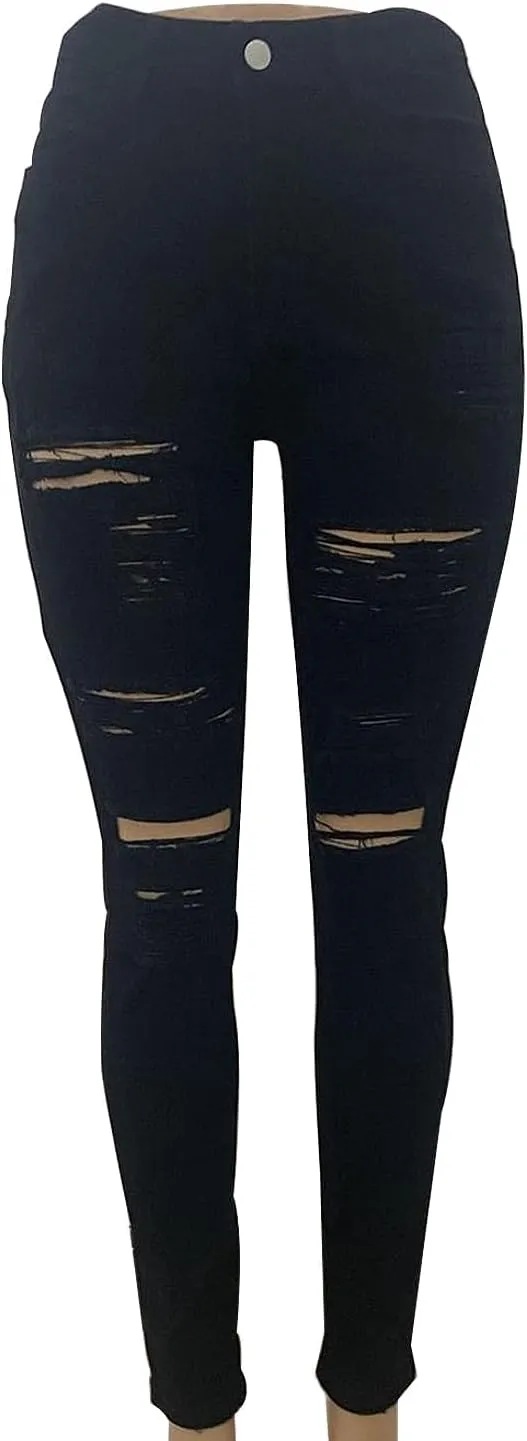 Women's Stretch Denim Pants Plus Size Slim Destroyed Trousers Casual High Waist Skinny Ripped Jeans