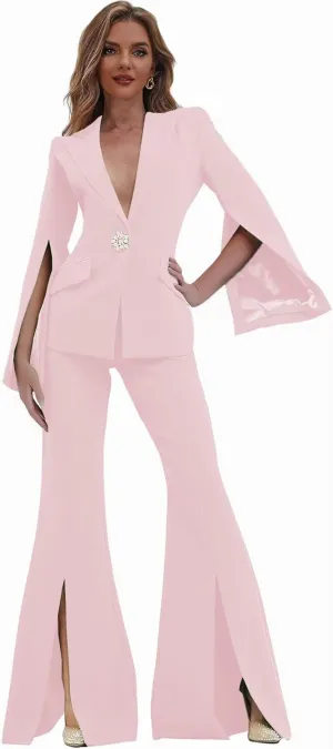 Womens Suit 2 Piece Set Business Blazer Bell Bottoms Casual Sleeve Placket Suit Peak Lapel Prom Tuxedo for Evening Party