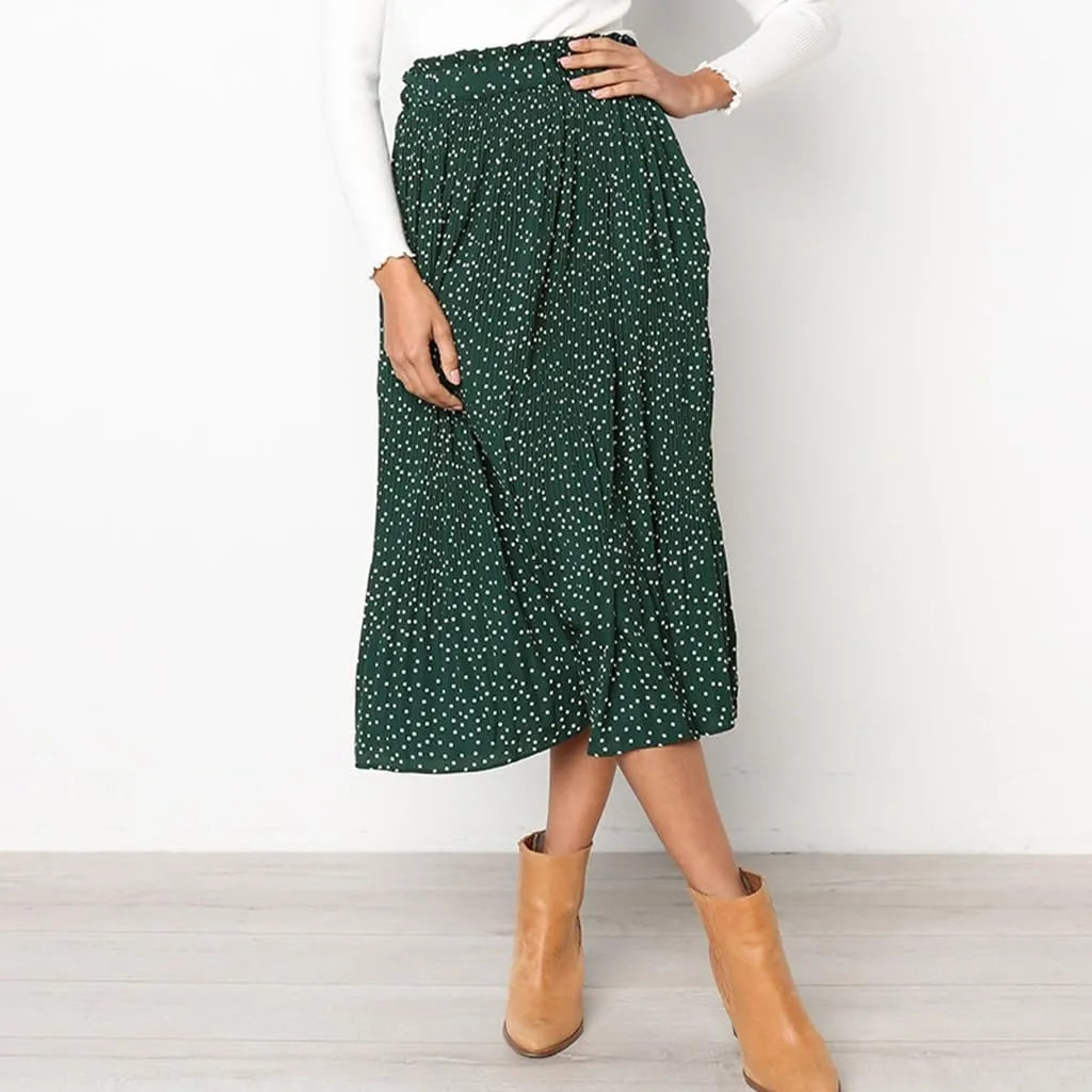 Womens Summer Boho Elastic Waist Pleated Midi Skirt Elegant Long Maxi A-Line Midi Skirts with Pocket