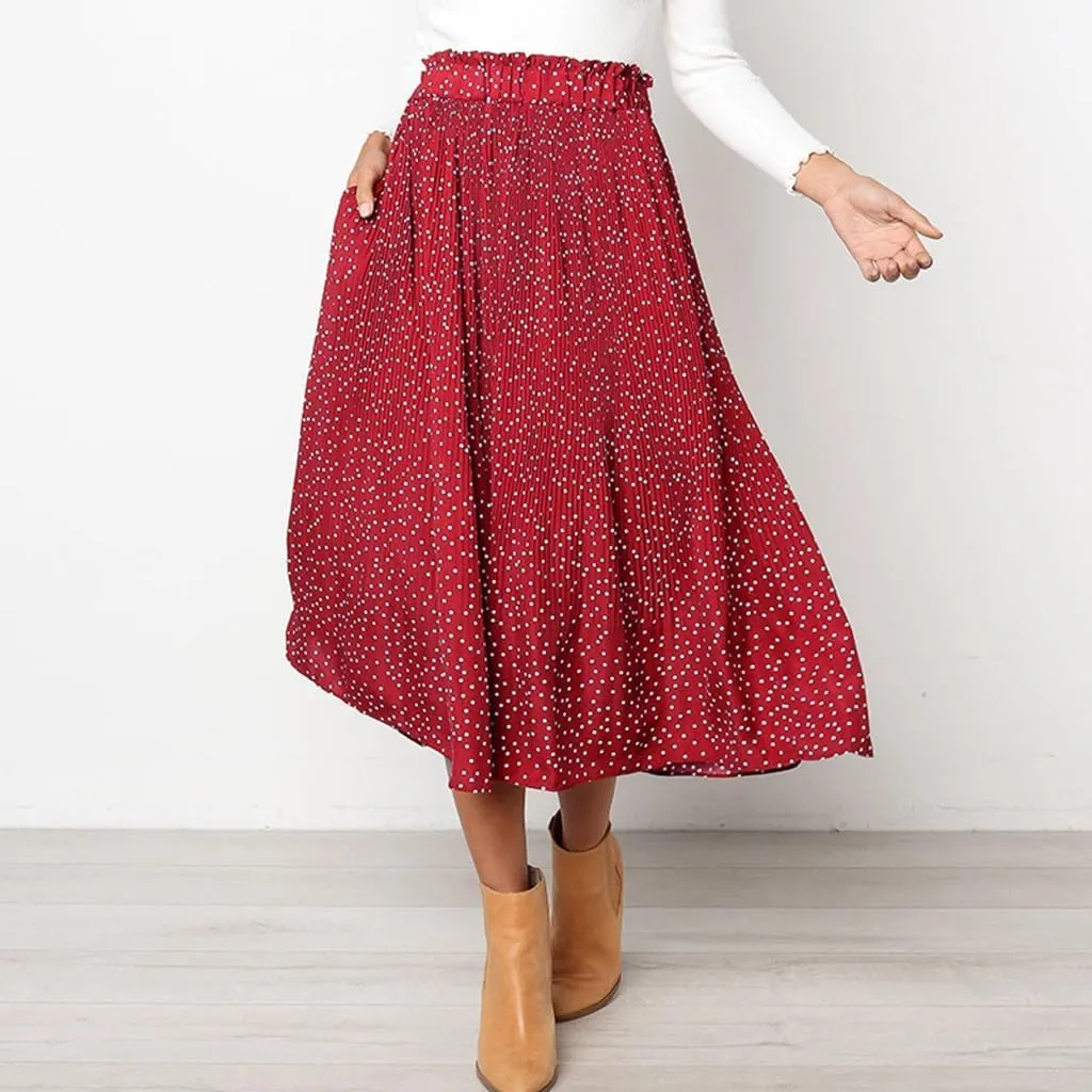 Womens Summer Boho Elastic Waist Pleated Midi Skirt Elegant Long Maxi A-Line Midi Skirts with Pocket
