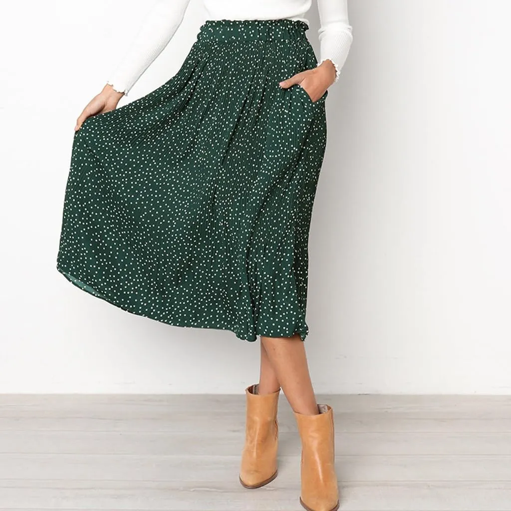 Womens Summer Boho Elastic Waist Pleated Midi Skirt Elegant Long Maxi A-Line Midi Skirts with Pocket