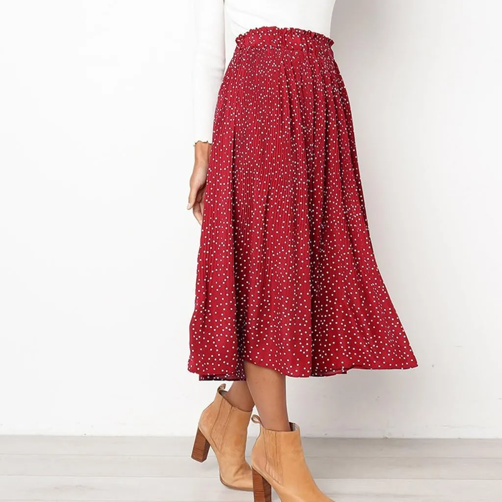 Womens Summer Boho Elastic Waist Pleated Midi Skirt Elegant Long Maxi A-Line Midi Skirts with Pocket