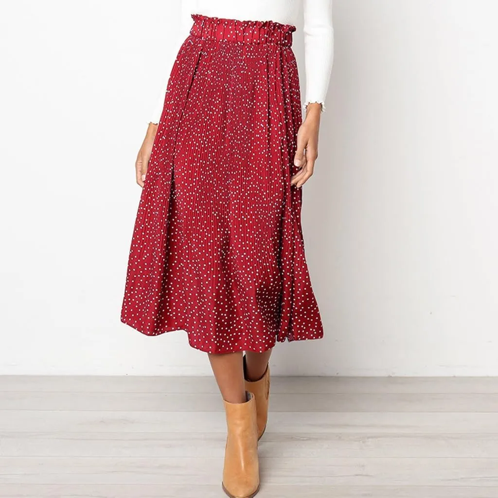 Womens Summer Boho Elastic Waist Pleated Midi Skirt Elegant Long Maxi A-Line Midi Skirts with Pocket
