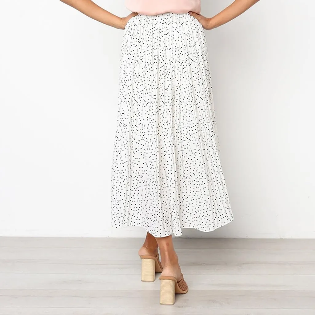 Womens Summer Boho Elastic Waist Pleated Midi Skirt Elegant Long Maxi A-Line Midi Skirts with Pocket