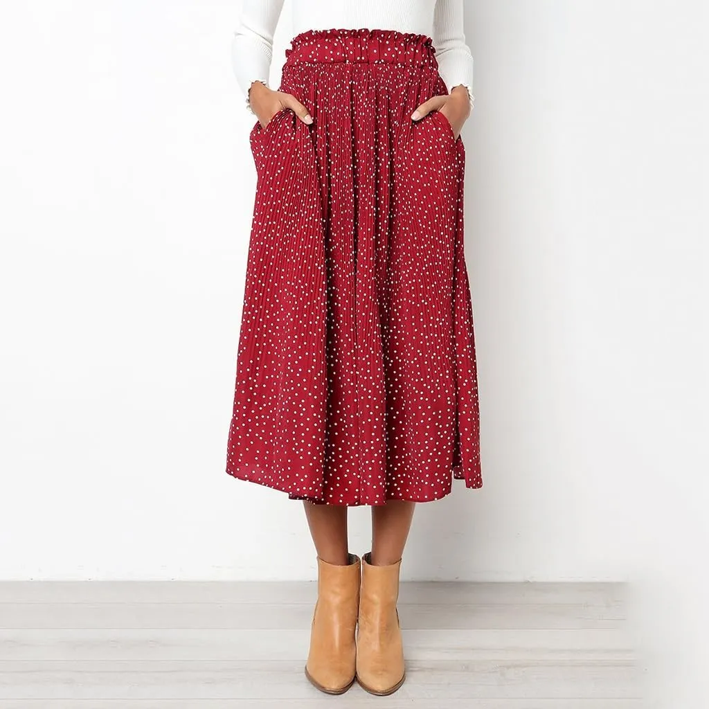 Womens Summer Boho Elastic Waist Pleated Midi Skirt Elegant Long Maxi A-Line Midi Skirts with Pocket
