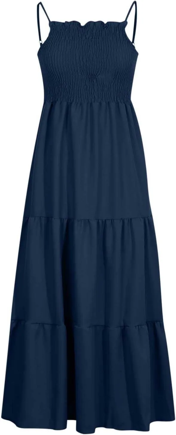 Womens Summer Dresses 2024 Spaghetti Straps Sleeveless Maxi Dress Casual Boho Smocked Tiered Long Beach Sun Dresses