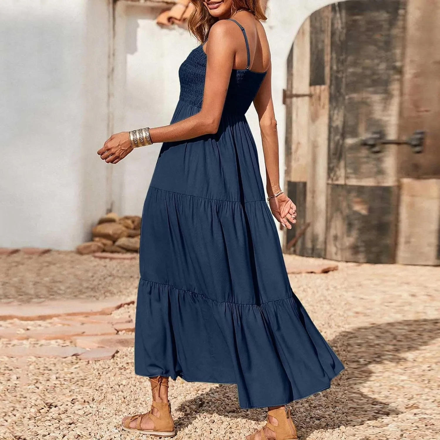 Womens Summer Dresses 2024 Spaghetti Straps Sleeveless Maxi Dress Casual Boho Smocked Tiered Long Beach Sun Dresses
