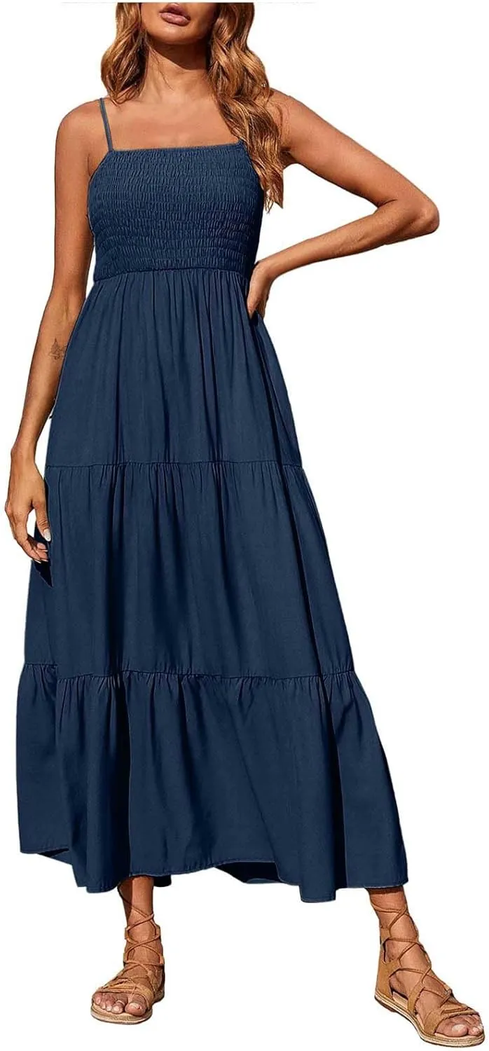 Womens Summer Dresses 2024 Spaghetti Straps Sleeveless Maxi Dress Casual Boho Smocked Tiered Long Beach Sun Dresses