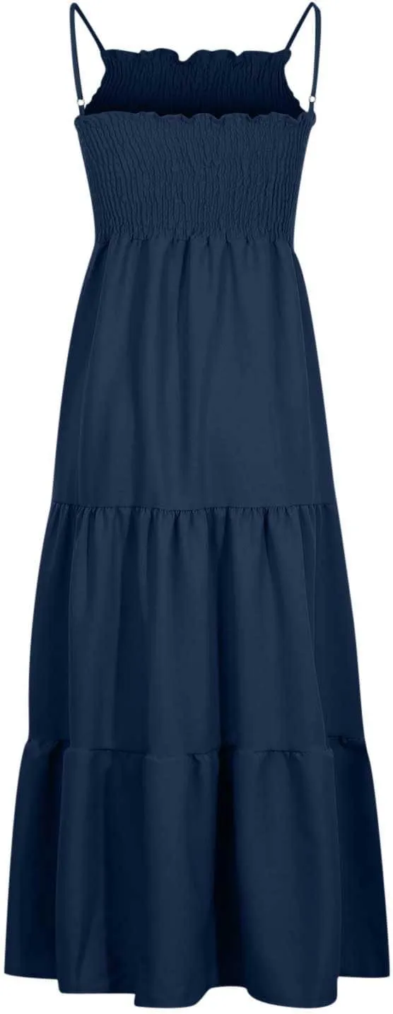 Womens Summer Dresses 2024 Spaghetti Straps Sleeveless Maxi Dress Casual Boho Smocked Tiered Long Beach Sun Dresses