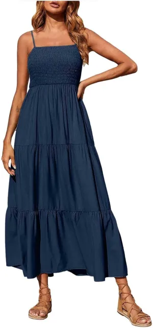 Womens Summer Dresses 2024 Spaghetti Straps Sleeveless Maxi Dress Casual Boho Smocked Tiered Long Beach Sun Dresses