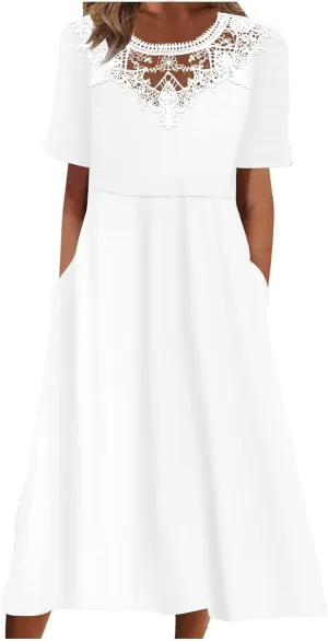 Womens Summer Dresses Beach Casual Loose Tshirt Dress Lace Neck Short Sleeve Flowy A Line Swing Sundress with Pockets