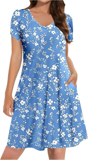 Womens Summer Dresses Casual Floral Sun Dresses Mini a-line Dress Flowy Beach Swing Dress Vacation with Pockets