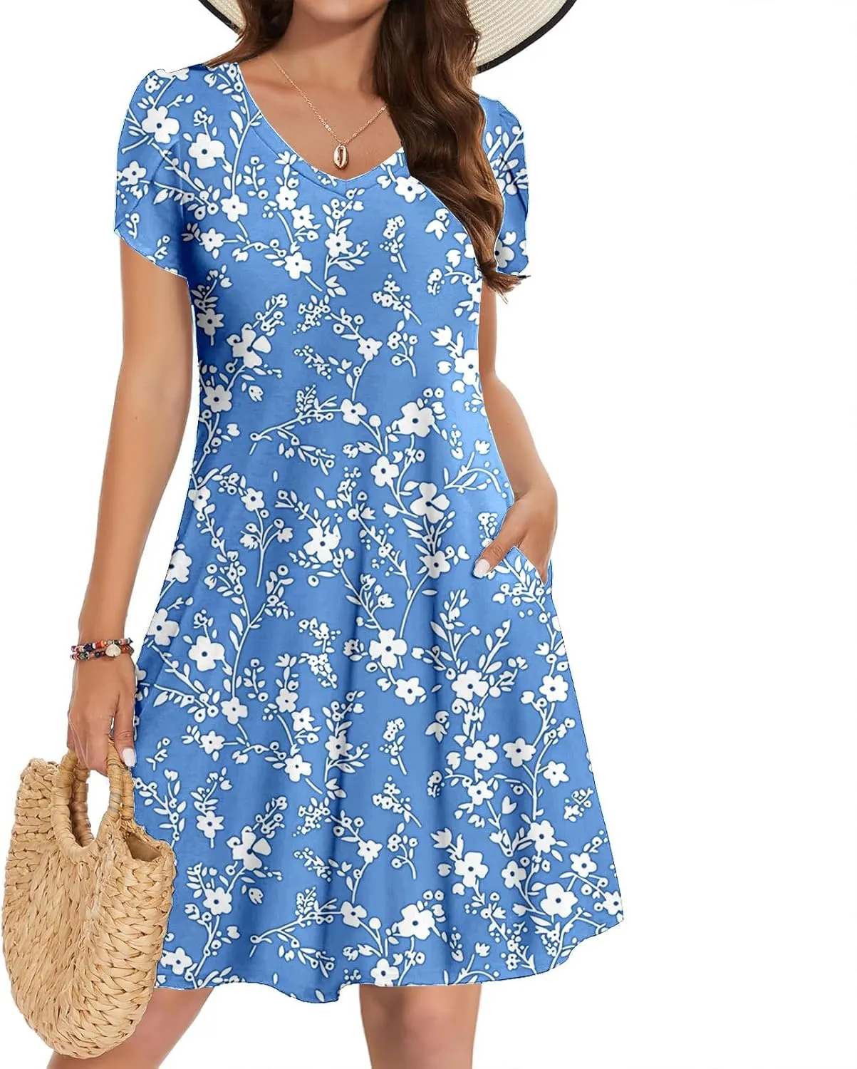 Womens Summer Dresses Casual Floral Sun Dresses Mini a-line Dress Flowy Beach Swing Dress Vacation with Pockets