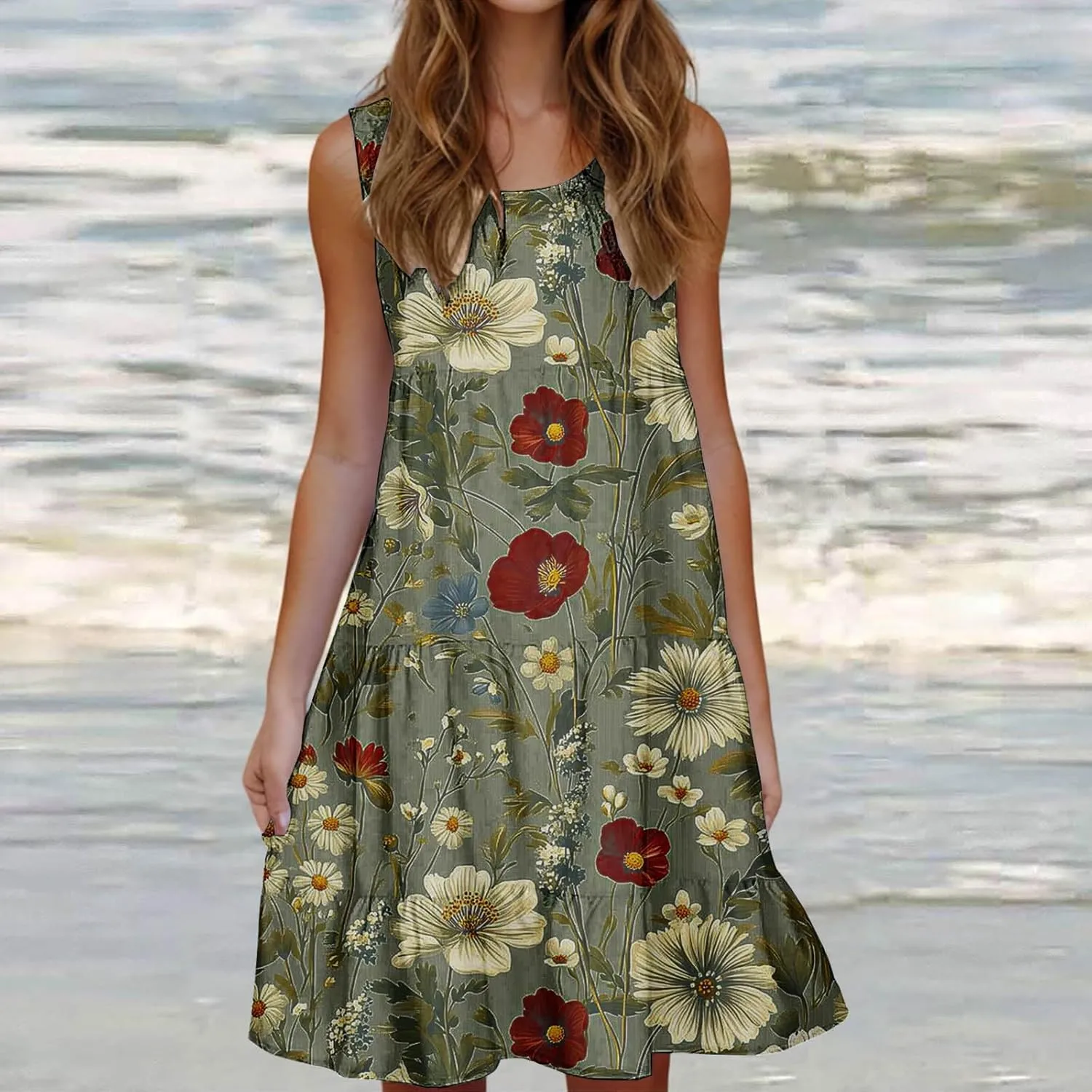 Womens Summer Dresses Crew Neck Ruffle Tiered Tank Dress Flowy Mini A Line Casual Sundress Beach Outfits