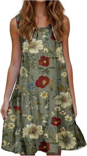 Womens Summer Dresses Crew Neck Ruffle Tiered Tank Dress Flowy Mini A Line Casual Sundress Beach Outfits