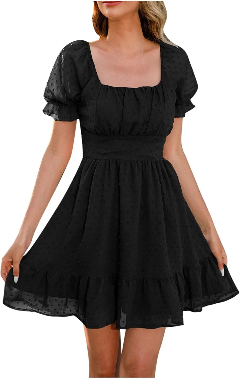 Womens Summer Dresses Short Puff Sleeve Ruffle Skater Mini Dress Square Neck A Line Short Dress Beach Party Dress